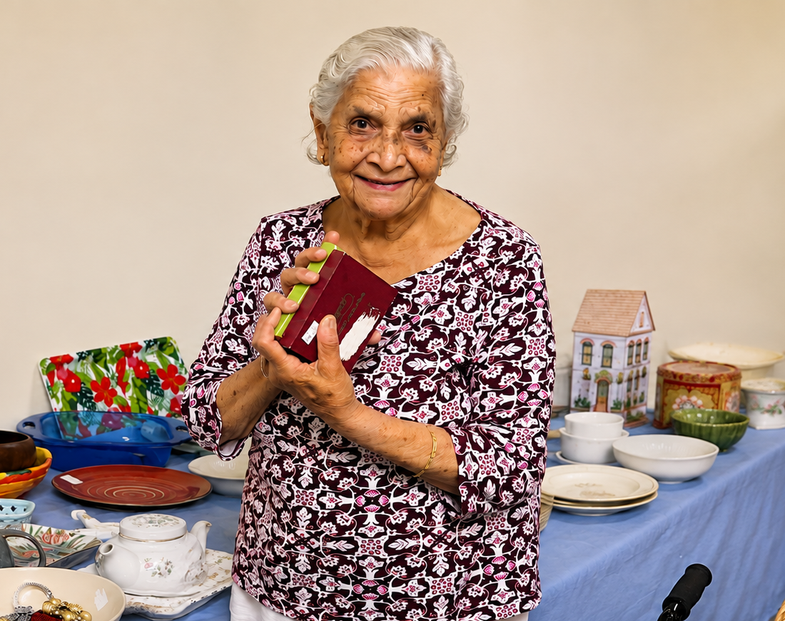 Resident Savita Patel smiles while holding a small keepsake as she browses the Curiosity Shop, where tables are filled with donated dishes, teapots, bowls and other household treasures.