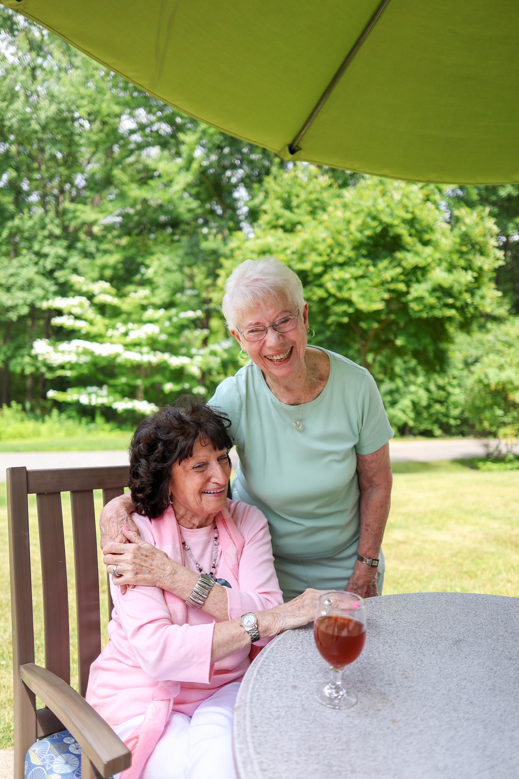 Residents Rosalie and Shirley on the patio