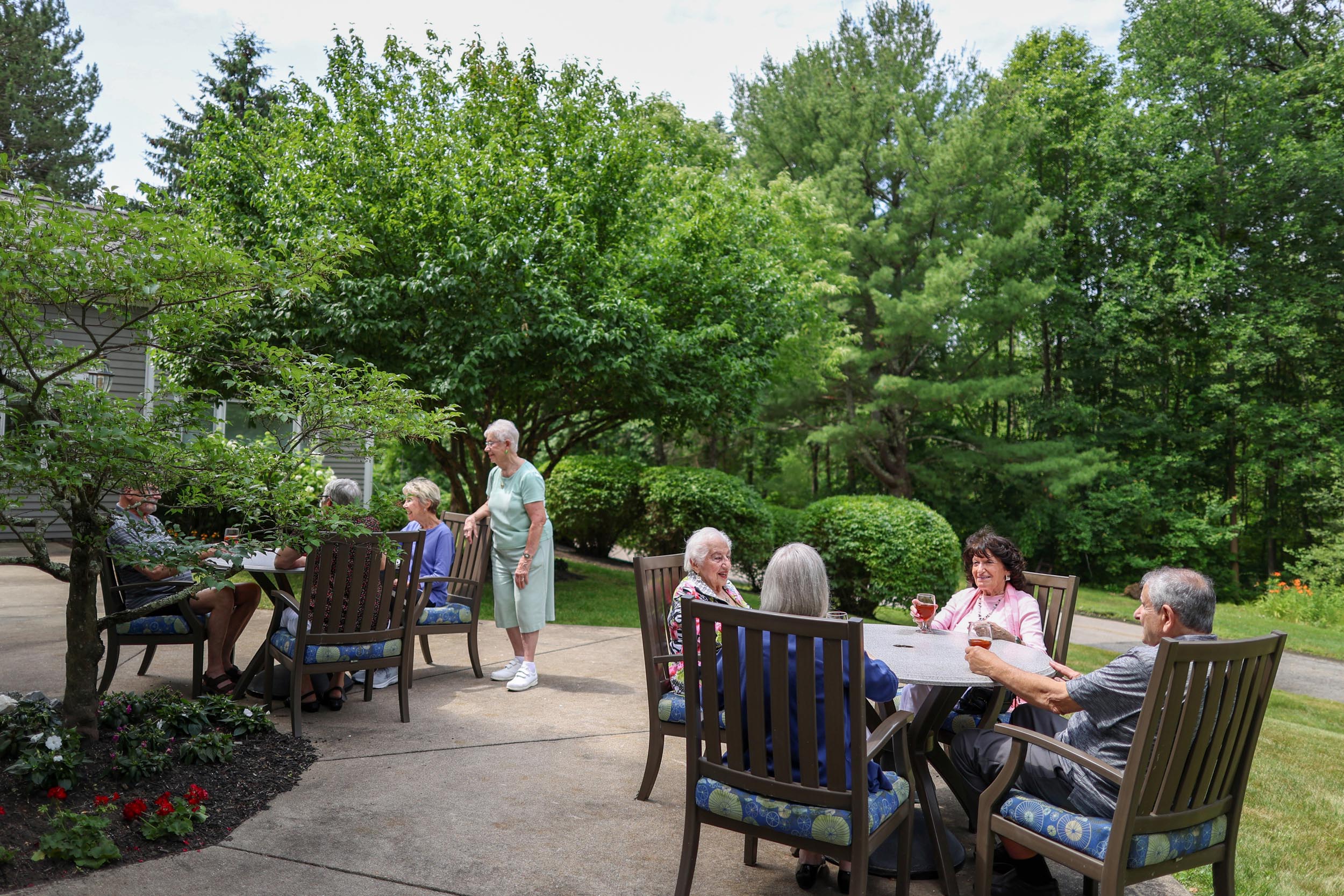 Groups of residents gathering on the patio